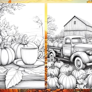 Fall Coloring Book Autumn Landscape Coloring Pages, Pumpkin Coloring Sheets for Adult Digital Download PDF, Enchanted Forest Printable Book