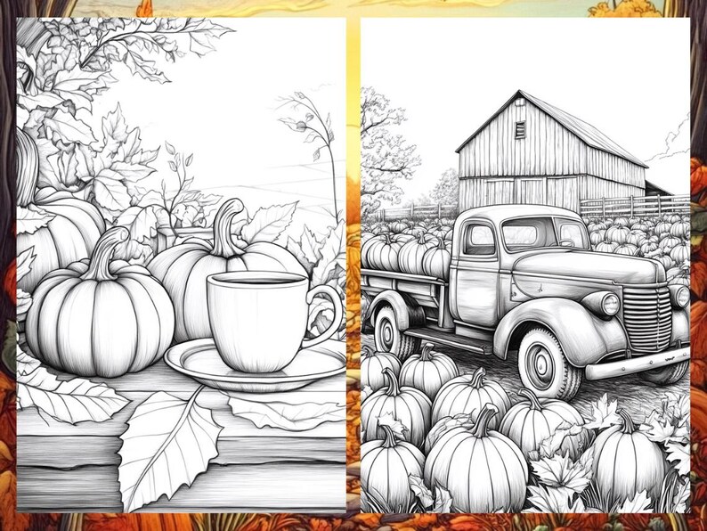 Fall Coloring Book Autumn Landscape Coloring Pages, Pumpkin Coloring Sheets for Adult Digital Download PDF, Enchanted Forest Printable Book