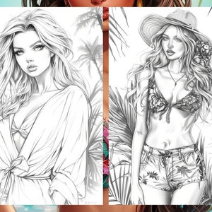 Summer Fashion Girl Coloring Book, Tropical Pages Women Adult Printable, Beach Theme Coloring Pages Adult, Instant Download PDF