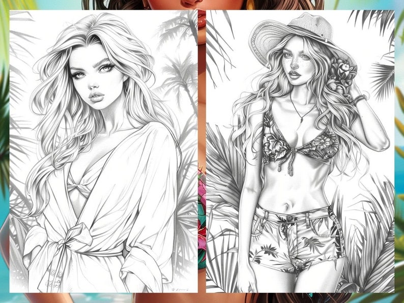 Summer Fashion Girl Coloring Book, Tropical Pages Women Adult Printable, Beach Theme Coloring Pages Adult, Instant Download PDF
