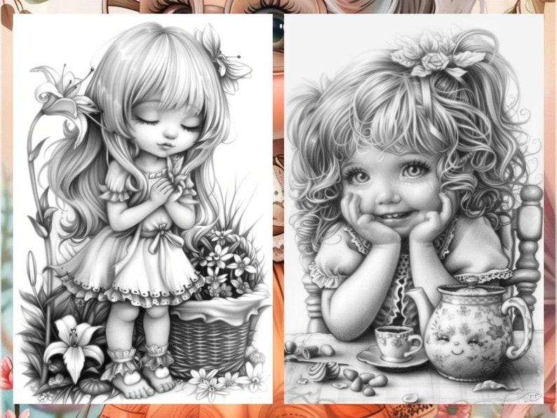 Garden Cute Gnome Coloring Pages, Gnome Coloring Book, Enchanted Garden, Grayscale Coloring Book, Little Gnome Coloring Sheet, Printable PDF