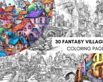 Pages coloring 30 Fantasy Villages Coloring Book, Enchanted Village, Magical City, Coloring Book for Adults, Teens and Kids