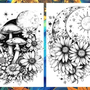 Magic Celestial Space Floral Coloring Book for Adults, Flower Sun Moon Fairytale Coloring Pages Printable, Grayscale Book, Instant PDF