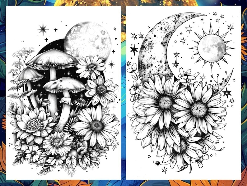 Magic Celestial Space Floral Coloring Book for Adults, Flower Sun Moon Fairytale Coloring Pages Printable, Grayscale Book, Instant PDF