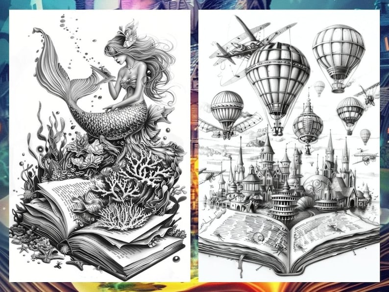 May include: A black and white illustration of a mermaid sitting on an open book with coral and seaweed surrounding her. The book is open to a page with text. On the right side of the image, a black and white illustration of a city with hot air balloons flying over it. The city is also sitting on an open book.