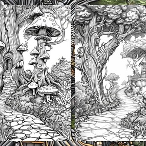 May include: A black and white illustration of a whimsical forest scene with a stone path leading to a castle. The path is lined with trees and mushrooms. The castle has a tower and a pointed roof.