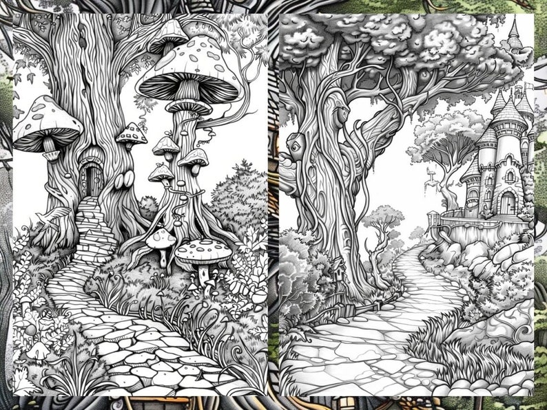 May include: A black and white illustration of a whimsical forest scene with a stone path leading to a castle. The path is lined with trees and mushrooms. The castle has a tower and a pointed roof.
