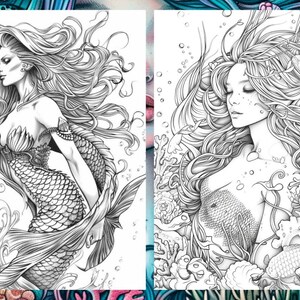 May include: Two black and white line drawings of mermaids. The mermaid on the left is standing with her tail curled around her. The mermaid on the right is lying down with her tail behind her. Both mermaids have long flowing hair and are surrounded by seaweed and fish.