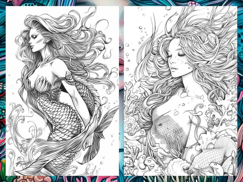 May include: Two black and white line drawings of mermaids. The mermaid on the left is standing with her tail curled around her. The mermaid on the right is lying down with her tail behind her. Both mermaids have long flowing hair and are surrounded by seaweed and fish.