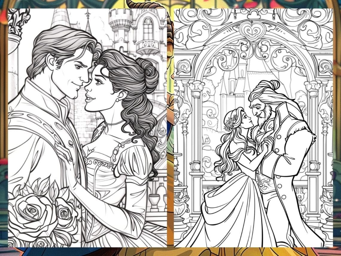 25 Beauty and the Beast Coloring Book, Printable Fairytale Princess Coloring Pages, Grayscale ...