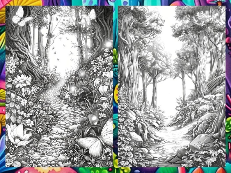 Magical Enchanted Forest Coloring Book Pages for Adults, Fairytale Fantasy Garden Forest, Coloring Sheets Printable, Instant Download PDF