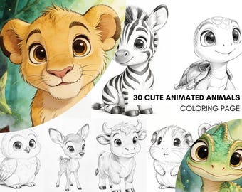 Cute Animals Coloring Pages Adult, Animated Animals Coloring Book,  Download Cute Coloring Book Pages Instant Download Printable PDF Art