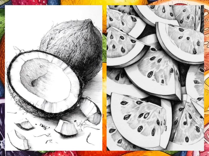 Fruit Coloring Pages for Adults, Exotic Fruit Coloring Sheets, Fruit Coloring Books for Kids