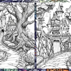 May include: A black and white illustration of a fairytale castle with a stone bridge and a waterfall. The castle is surrounded by trees and a winding path.
