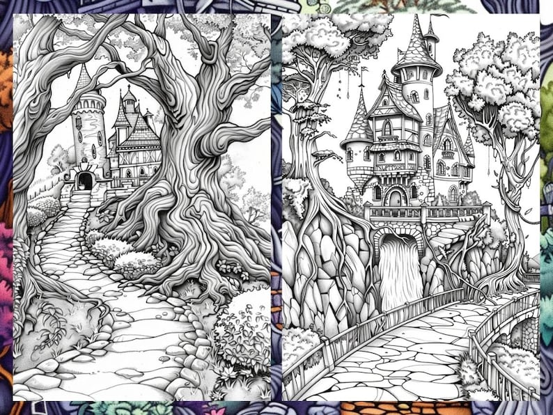 May include: A black and white illustration of a fairytale castle with a stone bridge and a waterfall. The castle is surrounded by trees and a winding path.