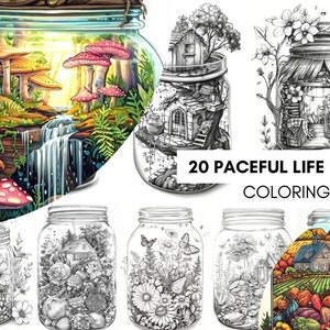 Puede incluir: 20 Peaceful Life in Jar Coloring Page. Un conjunto de 8 ilustraciones en blanco y negro de frascos con diferentes escenas en su interior, incluyendo una cascada, una casa, una mariposa y una granja. Cada frasco está listo para ser coloreado.