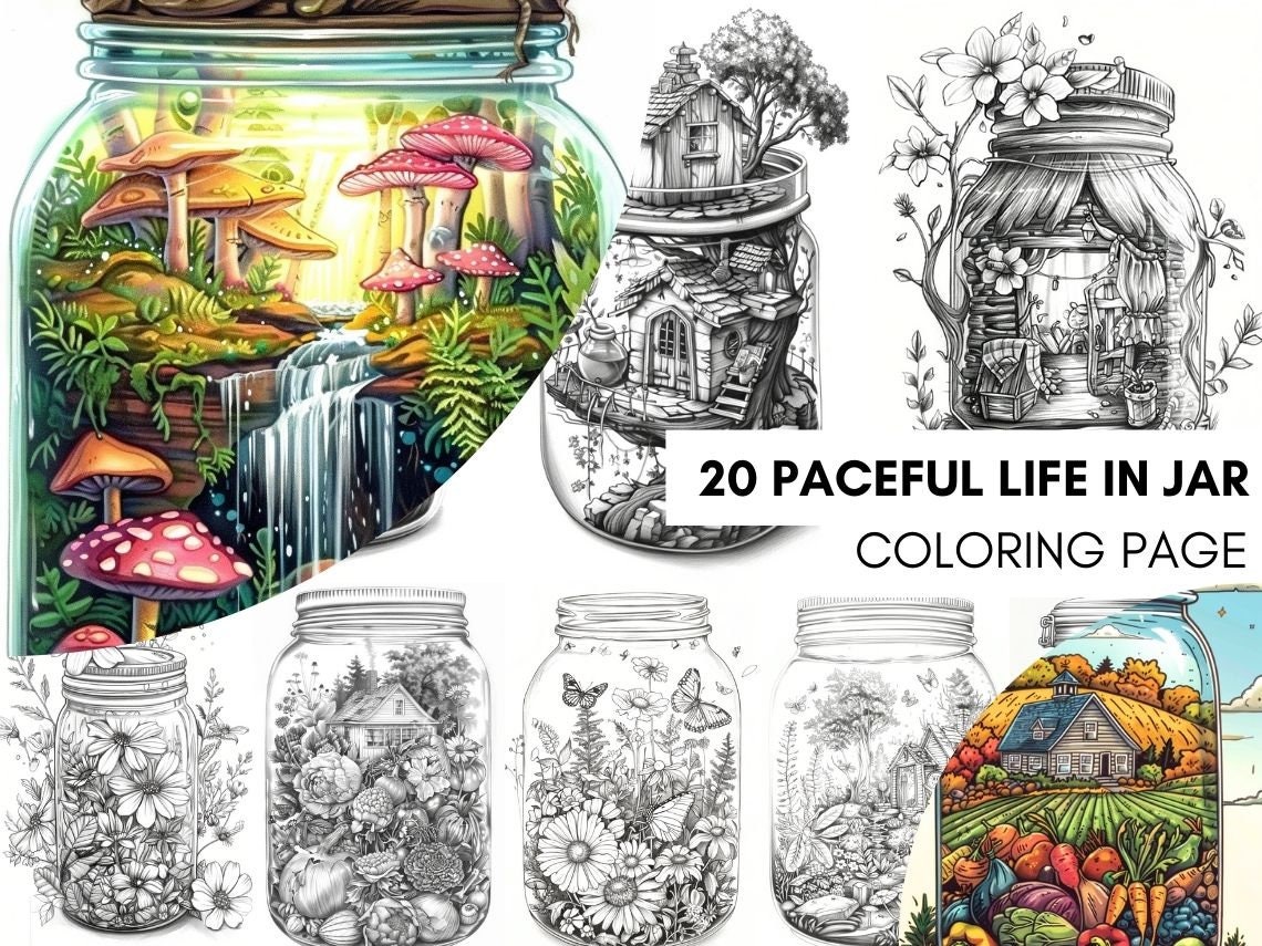 Peaceful Jar Láminas de Colorear para Adultos en PDF – Libro Imprimible de Paisajes Fantásticos
