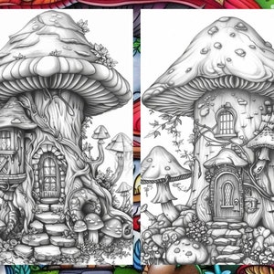 Enchanted Forest Mushroom House Coloring Book, Gnome Coloring Book, Fairytale Garden Coloring Pages, Fairy Coloring Pages for Adults PDF