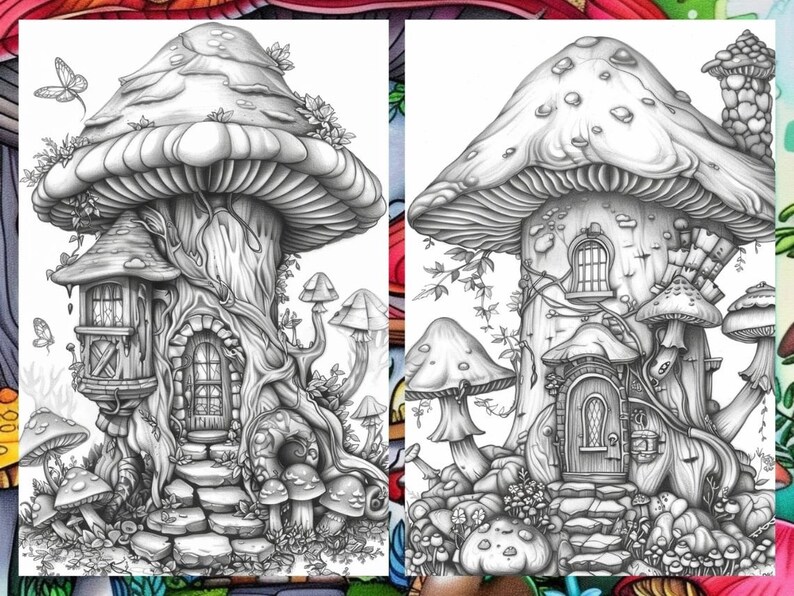 Enchanted Forest Mushroom House Coloring Book, Gnome Coloring Book, Fairytale Garden Coloring Pages, Fairy Coloring Pages for Adults PDF