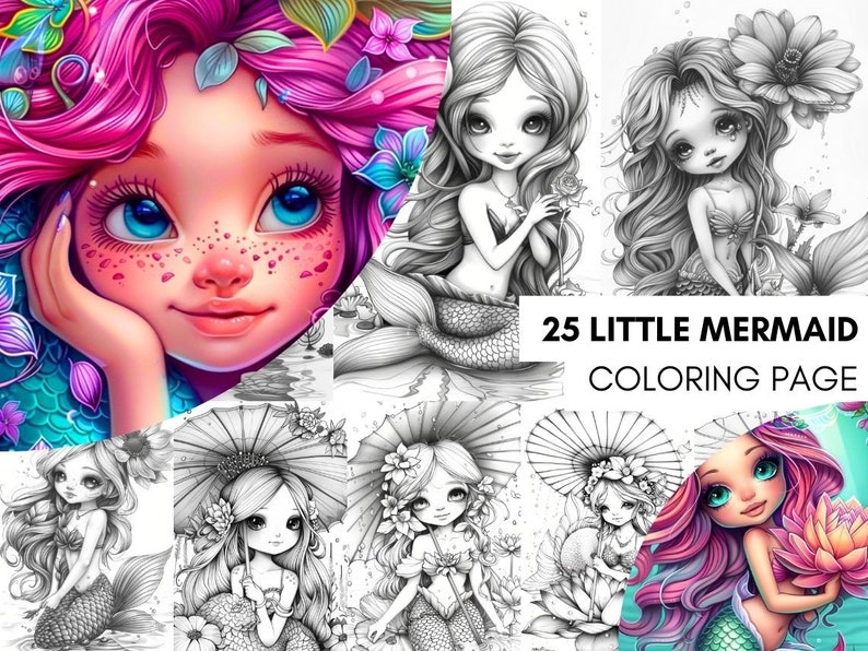 Cute little mermaid, Fantasy Coloring, Adult Coloring Pages