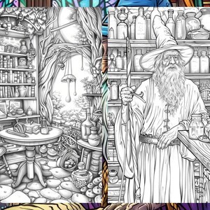 Whimsical Coloring Book, Fantasy Potion Bottle Pages, Magician Mystical Enchanted Fairytale Adults Digital Printable Download, Instant PDF