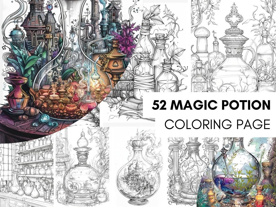 52 Magic Potion Coloring Pages – Printable Fantasy Coloring Book for Adults, Teens & Kids, Celestial Witchcraft Grayscale PDF, Instant Download