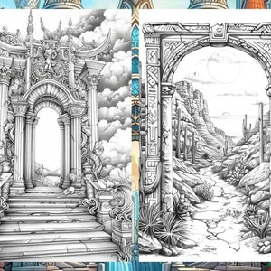 Op de afbeelding: Een zwart-witte illustratie van een gedetailleerde stenen boog met uitzicht op een woestijnlandschap door de boog. De boog is versierd met ingewikkelde houtsnijwerk en het woestijnlandschap toont bergen, cactussen en een kronkelend pad.