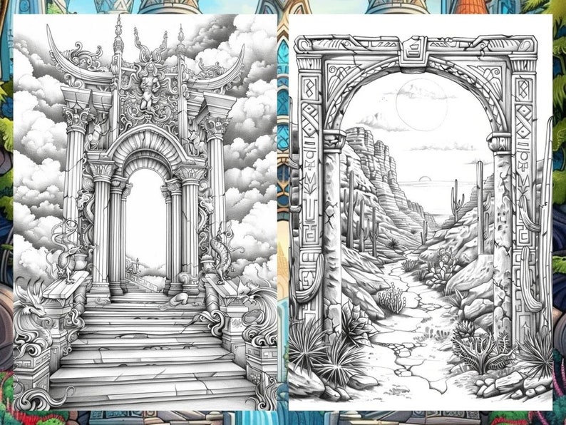 Op de afbeelding: Een zwart-witte illustratie van een gedetailleerde stenen boog met uitzicht op een woestijnlandschap door de boog. De boog is versierd met ingewikkelde houtsnijwerk en het woestijnlandschap toont bergen, cactussen en een kronkelend pad.