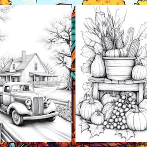 Fall Coloring Book Autumn Landscape Coloring Pages, Pumpkin Coloring Sheets for Adult Digital Download PDF, Enchanted Forest Printable Book