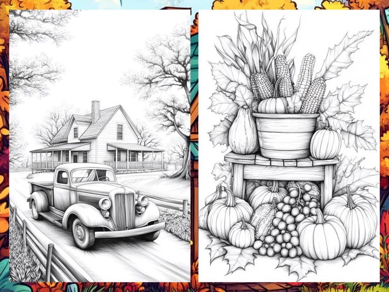 Fall Coloring Book Autumn Landscape Coloring Pages, Pumpkin Coloring Sheets for Adult Digital Download PDF, Enchanted Forest Printable Book