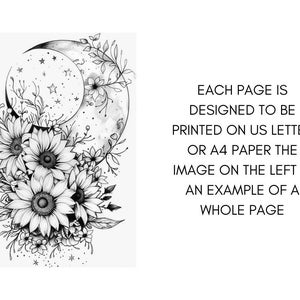 Magic Celestial Space Floral Coloring Book for Adults, Flower Sun Moon Fairytale Coloring Pages Printable, Grayscale Book, Instant PDF