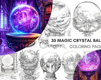 Puede incluir: Una página para colorear con 35 diseños diferentes de bolas de cristal mágicas. Cada bola está rodeada de detalles intrincados y tiene un diseño único en su interior. El texto "35 Magic Crystal Ball Coloring Page" se muestra en la parte superior de la página.