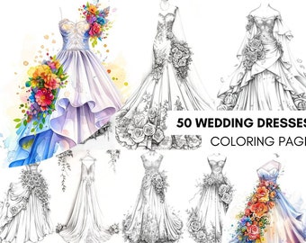 May include: A coloring page featuring 50 different wedding dress designs. The dresses are all in black and white and have intricate details, such as lace, flowers, and bows. The text "50 WEDDING DRESSES COLORING PAGE" is at the bottom of the page.