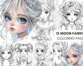 Moon Fairy Coloring Book, FAIRYTALE COLORING PAGES, Cute Coloring Book for Relaxing, Fantasy Coloring Book Pages Download Printable Pdf Art
