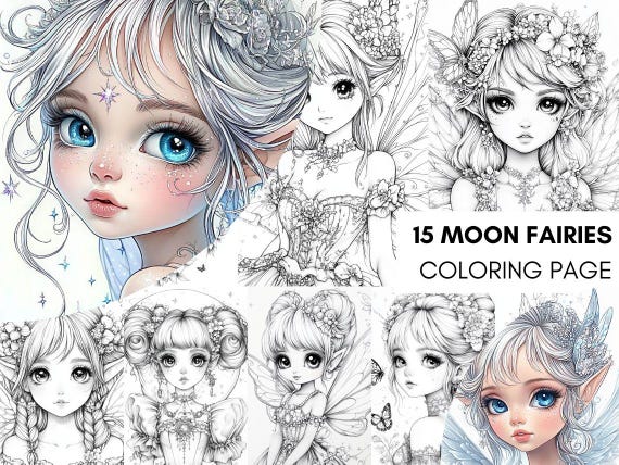 Libro para Colorear de Hadas de la Luna, Páginas de Colorear de Cuentos de Hadas, Para relajarse,de Fantasía para descargar, PDF imprimible
