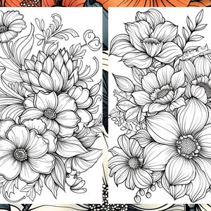 Puede incluir: Dos dibujos en blanco y negro de ramos de flores. Los ramos est&aacute;n compuestos por varias flores y hojas, incluyendo rosas, lirios y helechos. Los dibujos son detallados e intrincados, con un enfoque en las l&iacute;neas y curvas delicadas de las flores.
