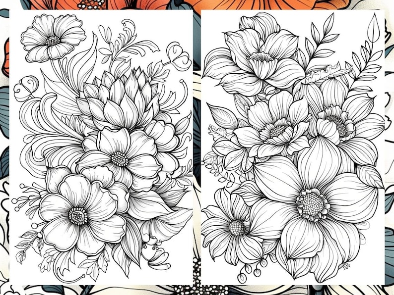 Puede incluir: Dos dibujos en blanco y negro de ramos de flores. Los ramos est&aacute;n compuestos por varias flores y hojas, incluyendo rosas, lirios y helechos. Los dibujos son detallados e intrincados, con un enfoque en las l&iacute;neas y curvas delicadas de las flores.