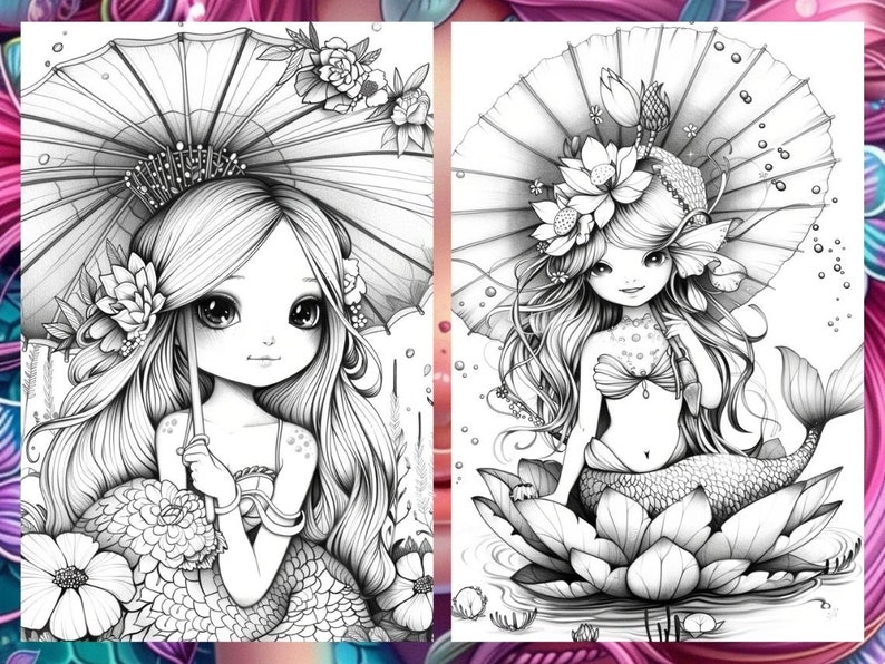 Cute little mermaid, Fantasy Coloring, Adult Coloring Pages