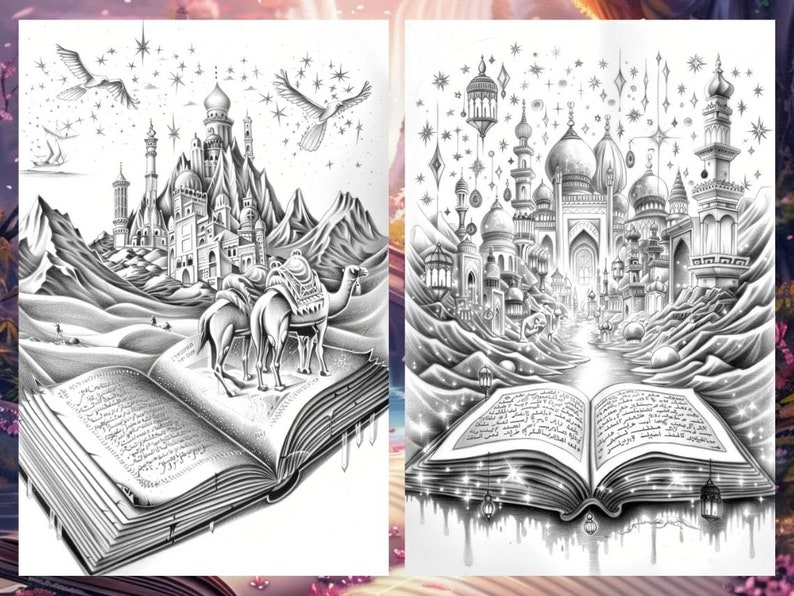 May include: Two black and white illustrations of a city in the desert. The city is built on top of an open book. The first illustration shows a city with camels and a bird flying overhead. The second illustration shows a city with a path leading to the book.