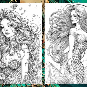 May include: Two black and white line drawings of mermaids. The mermaid on the left is surrounded by seaweed and bubbles. The mermaid on the right has flowing hair and a tail with scales.