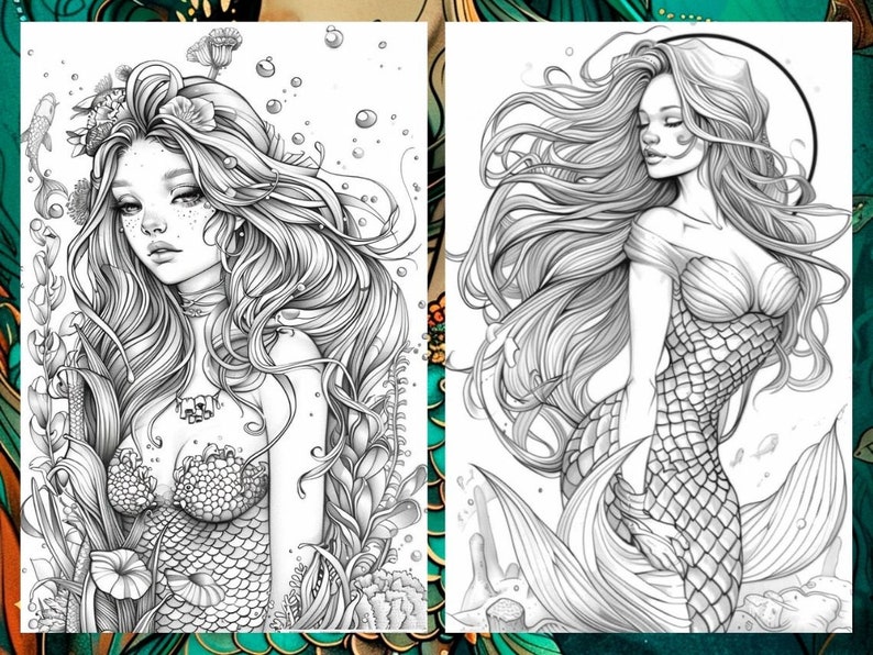 May include: Two black and white line drawings of mermaids. The mermaid on the left is surrounded by seaweed and bubbles. The mermaid on the right has flowing hair and a tail with scales.