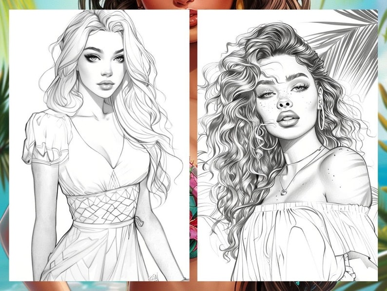 Summer Fashion Girl Coloring Book, Tropical Pages Women Adult Printable, Beach Theme Coloring Pages Adult, Instant Download PDF