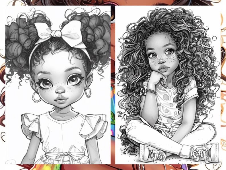 Cute Little Black Women Coloring Book Page, Manga Anime Women Coloring Pages for Adult, Hair Coloring Book, Printable PDF, Instant Download