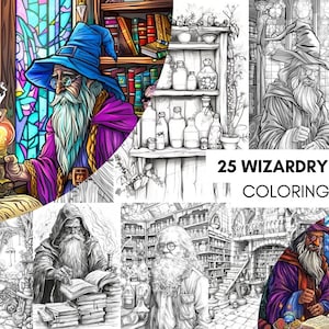 May include: A collection of illustrations featuring wizards and magical settings. The images include a wizard with a long white beard, holding a glowing lamp, and reading in a library. The text "25 Wizardry Shop Coloring Page" is displayed.