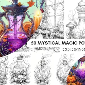 Może przedstawiać: Strona do kolorowania przedstawiająca 50 mistycznych magicznych eliksirów. Obraz przedstawia różne butelki z eliksirami o skomplikowanych wzorach, w tym czaszki, dynie i winorośl. Butelki są wypełnione kolorowymi cieczami i mają fantazyjny, halloweenowy charakter.