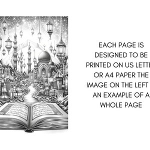 May include: A black and white illustration of a city with a mosque in the centre. The city is surrounded by a river and a book is open in the foreground. The text "EACH PAGE IS DESIGNED TO BE PRINTED ON US LETTER OR A4 PAPER THE IMAGE ON THE LEFT IS AN EXAMPLE OF A WHOLE PAGE" is visible in the background.