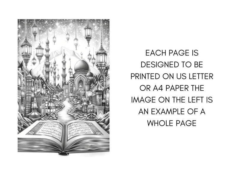 May include: A black and white illustration of a city with a mosque in the centre. The city is surrounded by a river and a book is open in the foreground. The text "EACH PAGE IS DESIGNED TO BE PRINTED ON US LETTER OR A4 PAPER THE IMAGE ON THE LEFT IS AN EXAMPLE OF A WHOLE PAGE" is visible in the background.
