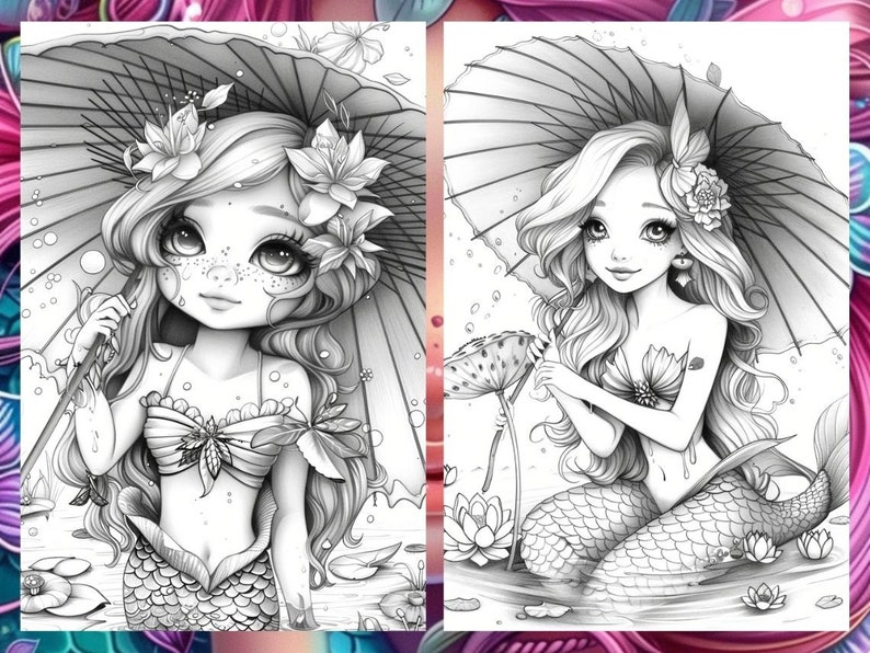 Cute little mermaid, Fantasy Coloring, Adult Coloring Pages