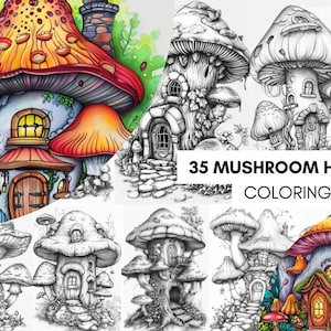 Puede incluir: Una página para colorear con 35 casas de setas diferentes. Las casas son de diferentes formas y tamaños, y algunas tienen ventanas, puertas y otros detalles. La página se titula "35 casas de setas para colorear".