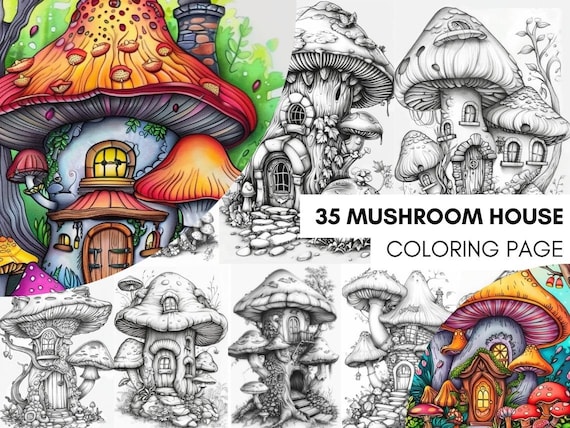 Libro de Colorear Casa de Setas Bosque Encantado, Libro de Colorear Gnomos, Colorear Cuentos de Hadas, Páginas de Colorear para Adultos PDF